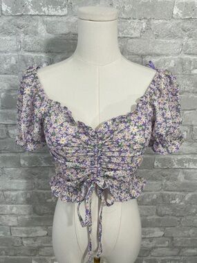 Elodie Lavender Daisy Ruched Tie-Front Crop Top
